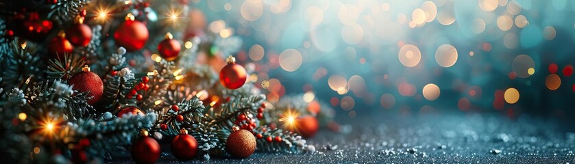 An elegant aerial view of a Christmas tree richly adorned with red and green baubles, the blurred lights creating a halo effect, ample space for text.