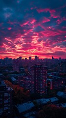 Fototapeta premium City skyline at sunset with fiery red clouds illuminating the buildings.