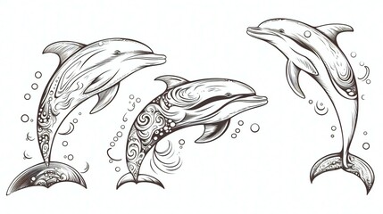 set of dolphin black outline white illustration