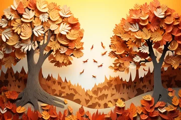 Fotobehang Autumn forest with vibrant foliage, paper art style, showcasing warm colors and an artistic landscape with falling leaves. © Jeannaa