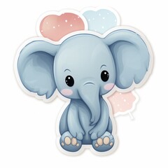 Obraz premium Cute cartoon baby elephant illustration with big ears sitting, with pastel colored clouds in the background.