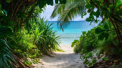 Obraz premium Sandy path leading to a tranquil, turquoise beach framed by lush green tropical plants