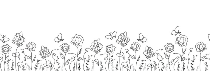 seamless pattern of abstract leaves,  flowers. isolated roses, butterfly on a white background. hand drawn illustration in doodle. the art of one line. for print, banner, holiday ideas. art vector