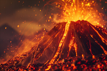 A large-scale erupting volcano. Hot lava flows. An awakened volcano. Natural disaster and natural phenomenon concept.