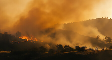 Fototapeta premium Forest fire. Disaster, large-scale forest fires. Ecology concept. Environmental pollution. Aerial view. 