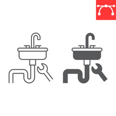 Sink installation line and glyph icon, plumbing service and handyman work, household repair vector icon, vector graphics, editable stroke outline sign, eps 10.