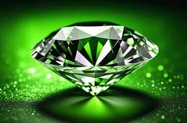 Fototapeta premium The diamond, cut in shape, sparkles against a green background. Gems