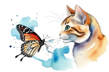 The cat looks at a beautiful butterfly. Watercolor drawing on a white background