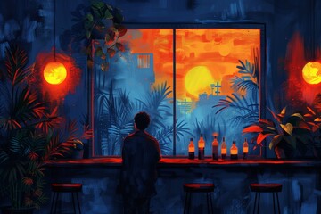A solitary figure stands at a bar facing an enchanting window view with a radiant sunset amidst urban silhouettes