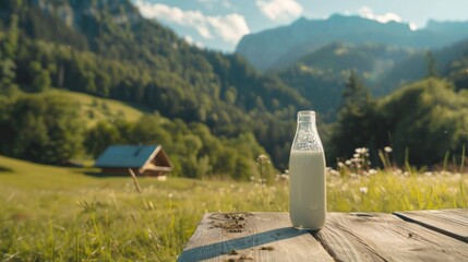 landscape of alpine hills in the background, showing glass bottle of fresh milk on a wooden table in the foreground generative ai