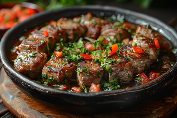 Close up of succulent skewered and grilled meat served with fresh herbs and chopped tomato in a rustic ceramic dish