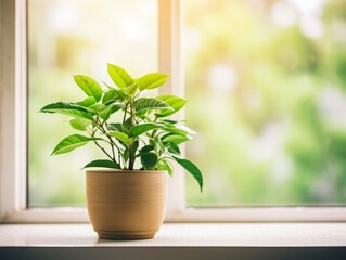 Fototapeta premium Bright and fresh green potted plant on a windowsill with soft natural light creating a serene and tranquil home environment.