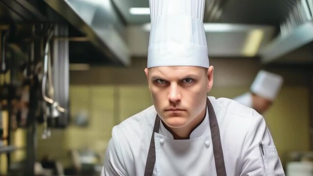A focused chef in a professional kitchen, wearing a white chef's hat and coat, exemplifying culinary artistry, precision, and dedication. He prepares gourmet dishes, symbolizing rigor of fine dining.