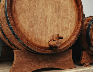 Wooden barrel for alcohol with wooden tap