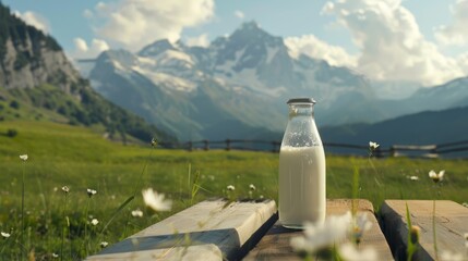 landscape of alpine hills in the background, showing glass bottle of fresh milk on a wooden table in the foreground generative ai