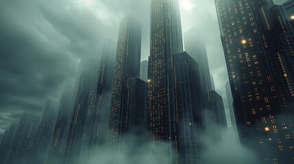 A cityscape shrouded in mist, where towering skyscrapers are adorned with intricate patterns of glowing data, symbolizing the omnipresence of AI in urban life. 32k, full ultra HD, high resolution