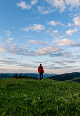 Obraz premium Person walking on lush green meadow at sunset