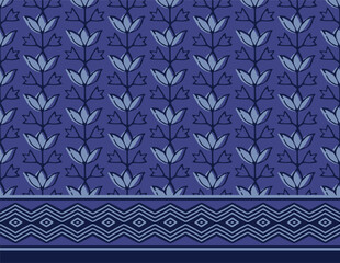 INDIGO SPRIG FLORAL WITH SEAMLESS BORDER AJRAKH PATTERN AND BLOCK PRINT PATTERN BATIK PRINT BACKGROUND DIGITAL PRINTING TEXTILE PATTERN