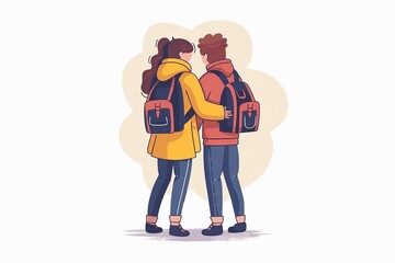 Rear view vector illustration of two friends, a boy and a girl, hugging each other affectionately, on a white background