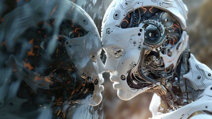 Two robot heads facing each other against a blurred background.