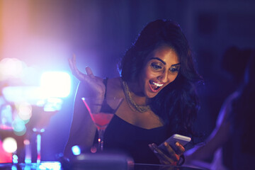 Happy, woman and smartphone with surprise from alert at cocktail party or disco concert in...
