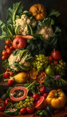 Bountiful Autumn Harvest of Vibrant Fruits and Vegetables in Rustic Still life Composition