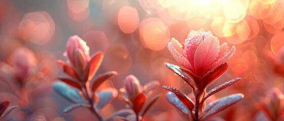 A close-up of beautiful pink flowers with dew drops in a dreamy, bokeh background, bathed in warm sunlight. - Powered by Adobe