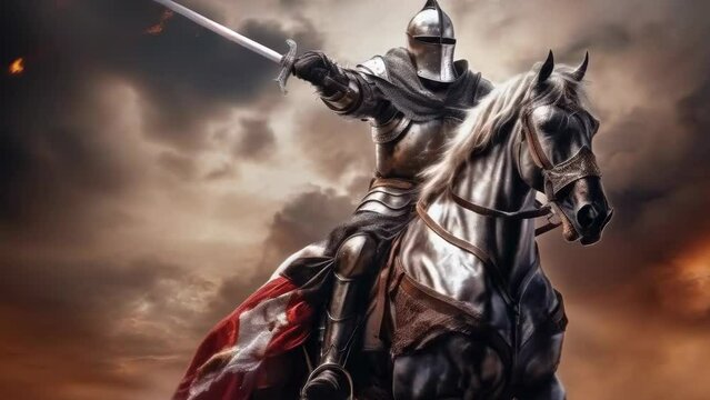 An armored knight on horseback charges forward, sword raised, amidst a dramatic cloudy sky, symbolizing medieval valor, historical battles, and chivalric traditions