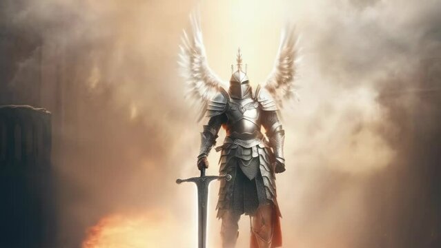 Majestic armored angel standing with a sword, wings spread wide, amid light and shadows, symbolizing strength, divinity, protection, and celestial guardianship. Epic scene, fantasy art, heroic figure.