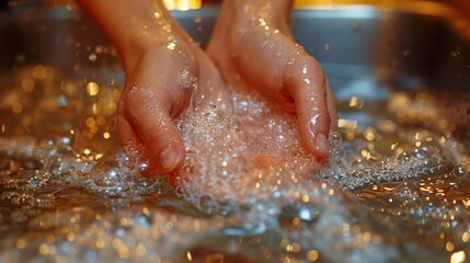 Close-up of hands washing in a sink full of water and bubbles. Cleanliness and hygiene at home. Domestic chore in progress.