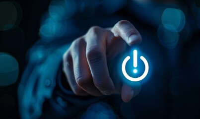 Close up of a businessman touching a power button icon for technology and innovation concept