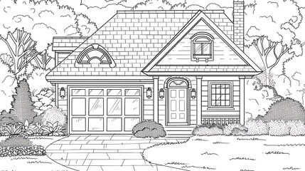 Obraz premium dwelling, estate, housing, outline, property, residential, roof, drawing, vignetting, exterior, home, illustration, white, black, construction, design, house, line, architecture, building, contemporar