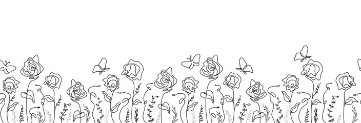 A seamless, modern pattern of abstract rose flowers, butterfly.  drawing in the one line style. A hand-made floral design. for print, wallpapers, minimalistic, natural art png graphics.