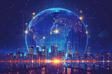 Smart city connected with planet through global mobile internet. AI control city infrastructure, data traffic, ensure safety. World communication concept