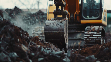 Fototapeta premium Close-Up of Crawler Backhoe on Soil