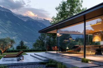Obraz premium Luxury glass villa with mountain views - minimalist style glamping in the mountains