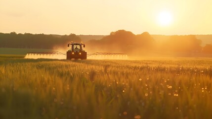 Fototapeta premium Tractor plowing field at sunset with dramatic sky, illustrating agriculture and farming.