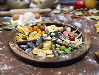 still life of italian pasta with cooking ingredients and flour on the kitchen table