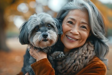 Cheerful asian woman snuggling with a furry friend and capturing a memory - pet selfie concept