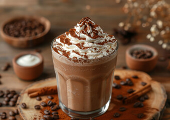 decadent dessert drink, indulge in a rich mocha frappe with whipped cream and cocoa powder, a sweet treat to satisfy your dessert cravings, served in a clear cup