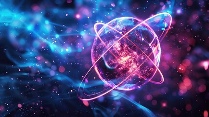 Fototapeta premium Atom structure glowing in a dark science lab, neon colors, central view, hightech illustration