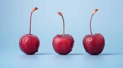 Three fresh cherries with droplets, arranged in a row against a light blue background.