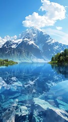 Stunning alpine lake with crystal-clear water reflecting snow-capped mountains and a vibrant blue sky, surrounded by lush greenery.