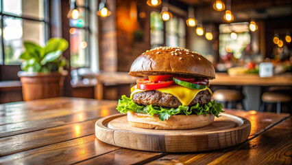 Burger placed on a wooden plate on a wooden table in a restaurant