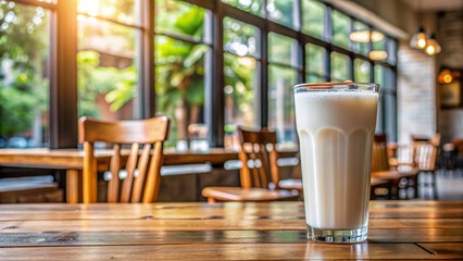 Iced milk placed on a wooden table in a restaurant