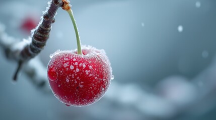 Frost-covered cherry on a branch, against a soft blue, wintry background, evoking a cold atmosphere.