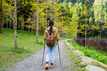 Woman go hiking and walk along the trail with using the trekking pole