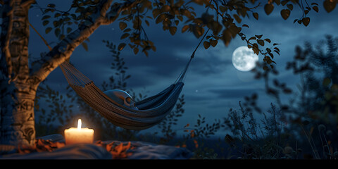 outdoor relaxing in hammock with backrest and forest around at night garden with trees and bright and moon.