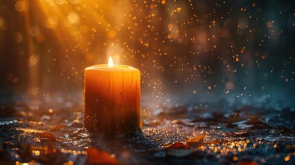 Candle in a windstorm, dramatic shadows, closeup, struggle against elements concept