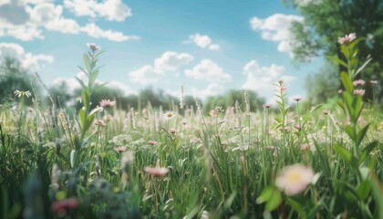 Obraz premium Summer field with tall grasses with flower. Open field with wild flower and butterfly. Sunny day wide blue sky